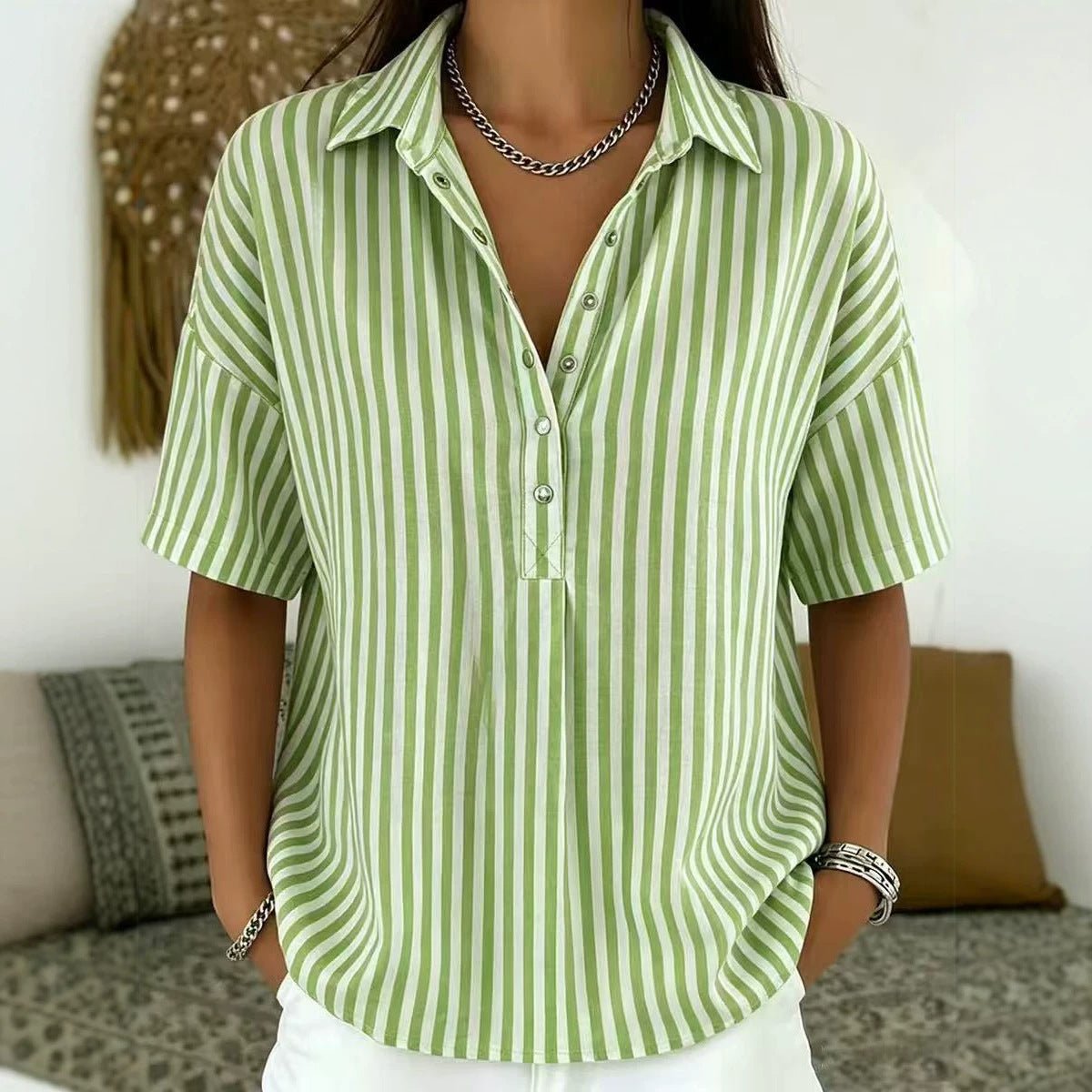 Women's Relaxed-Fit Striped Snap-Button Collared Blouse - Dark Green