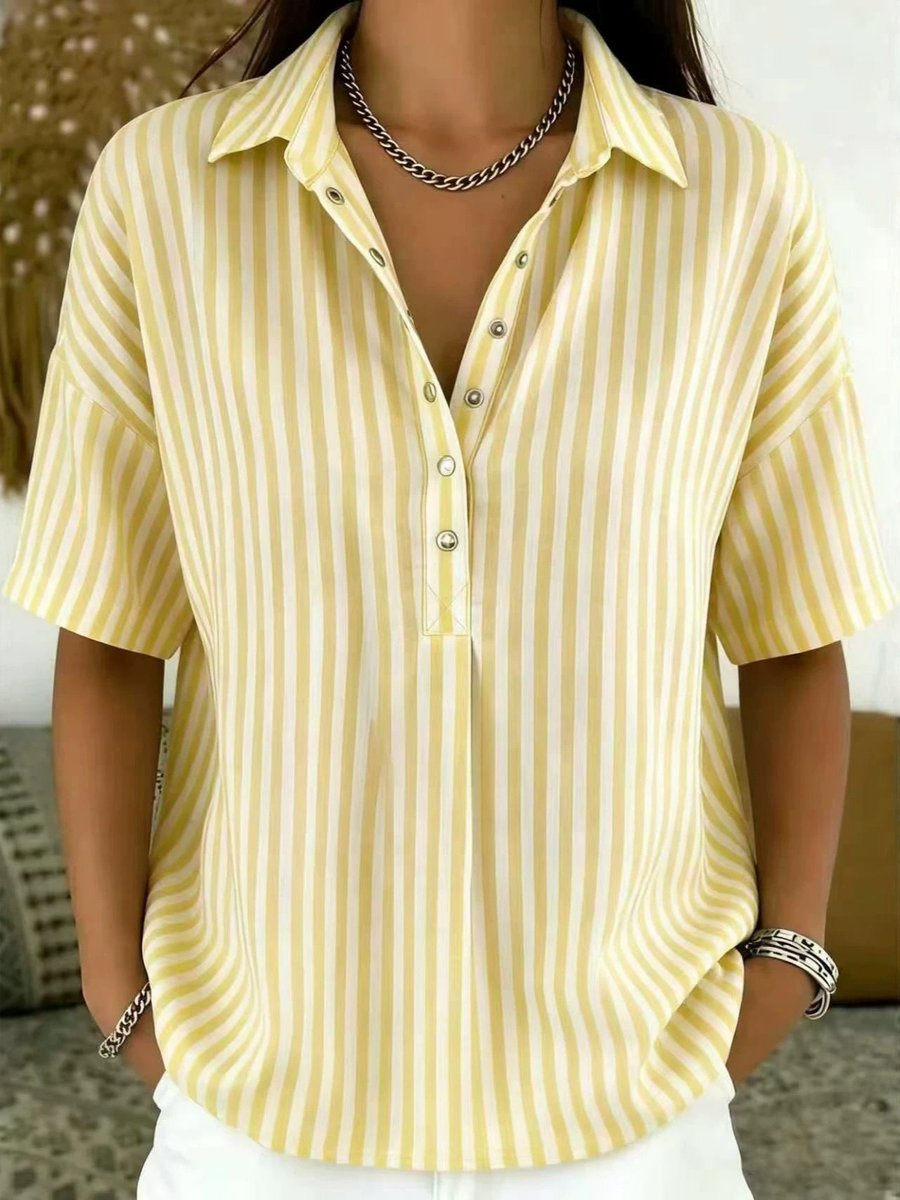 Women's Relaxed-Fit Striped Snap-Button Collared Blouse - Yellow