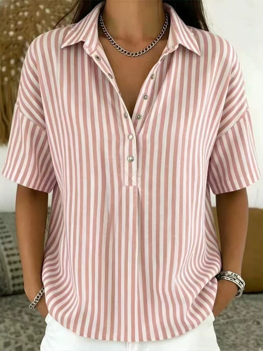 Women's Relaxed-Fit Striped Snap-Button Collared Blouse - Pink