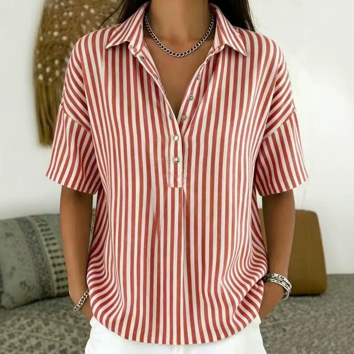 Women's Relaxed-Fit Striped Snap-Button Collared Blouse - Red