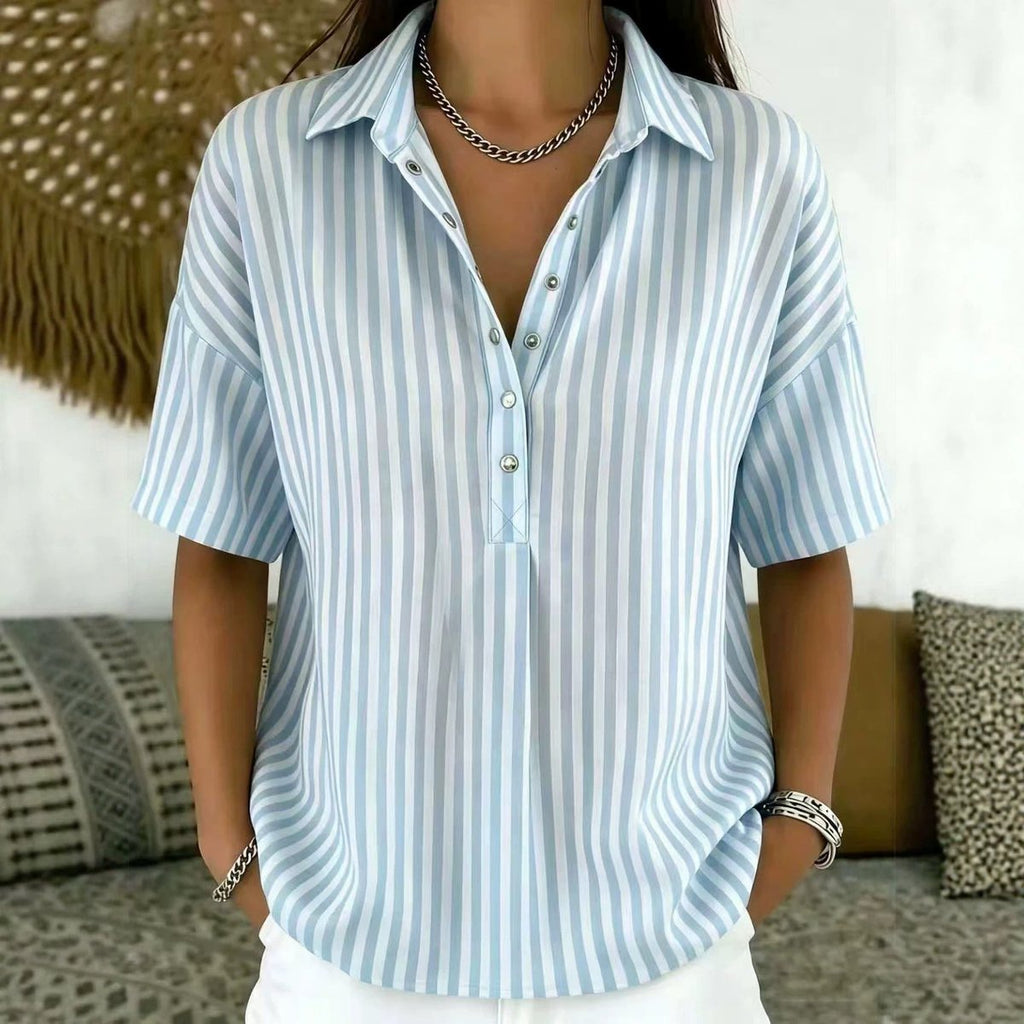 Women's Relaxed-Fit Striped Snap-Button Collared Blouse - Blue