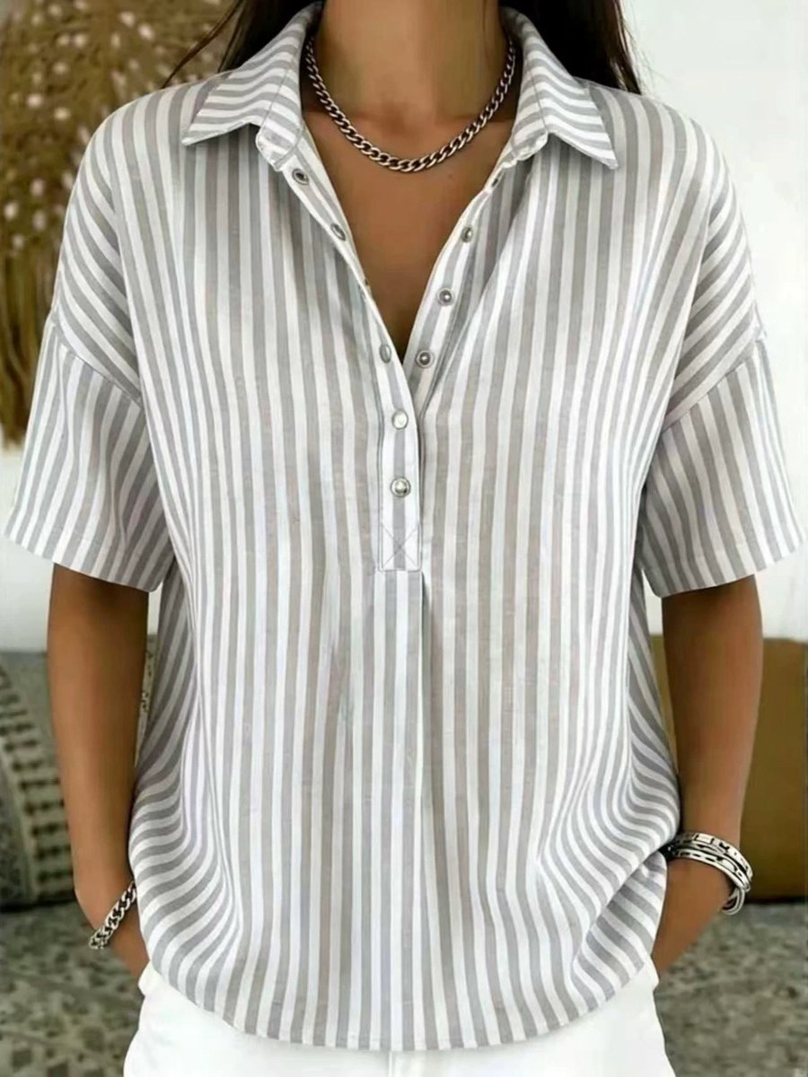 Women's Relaxed-Fit Striped Snap-Button Collared Blouse - Grey