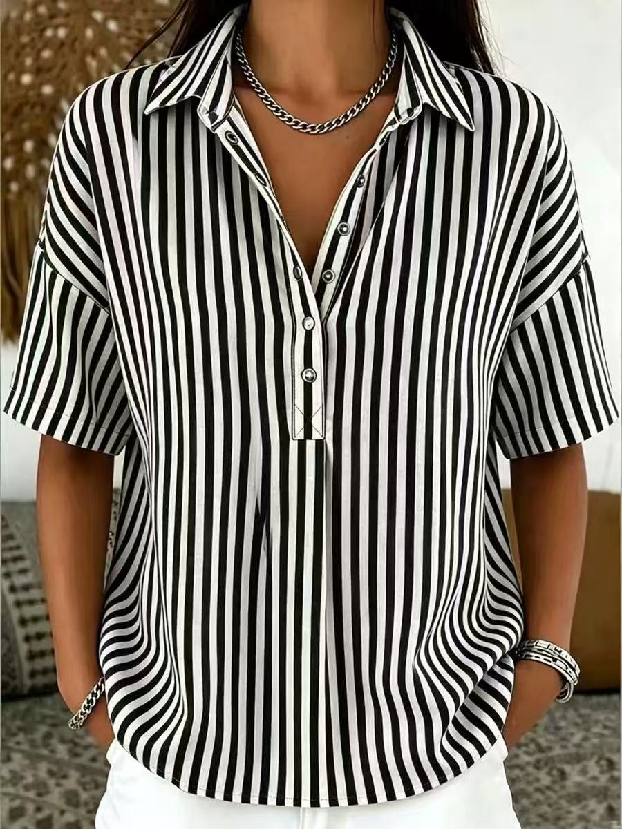 Women's Relaxed-Fit Striped Snap-Button Collared Blouse - Black