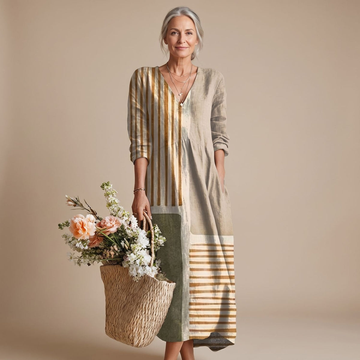 Women's Relaxed-Fit V-Neck Long Sleeve Maxi Dress with Pockets