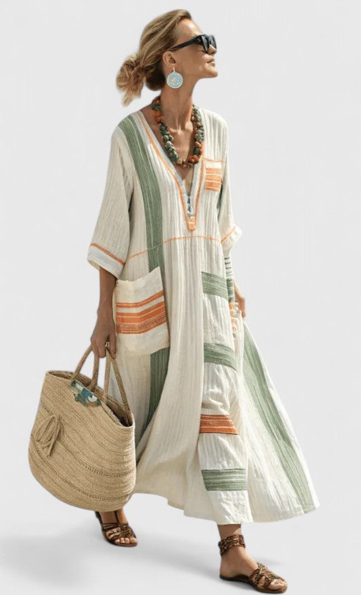 Women's Relaxed-Fit V-Neck Striped Kaftan Maxi Dress - Beige Green