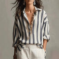 Women's Relaxed-Fit Vertical Striped Collared Linen Blouse - Black