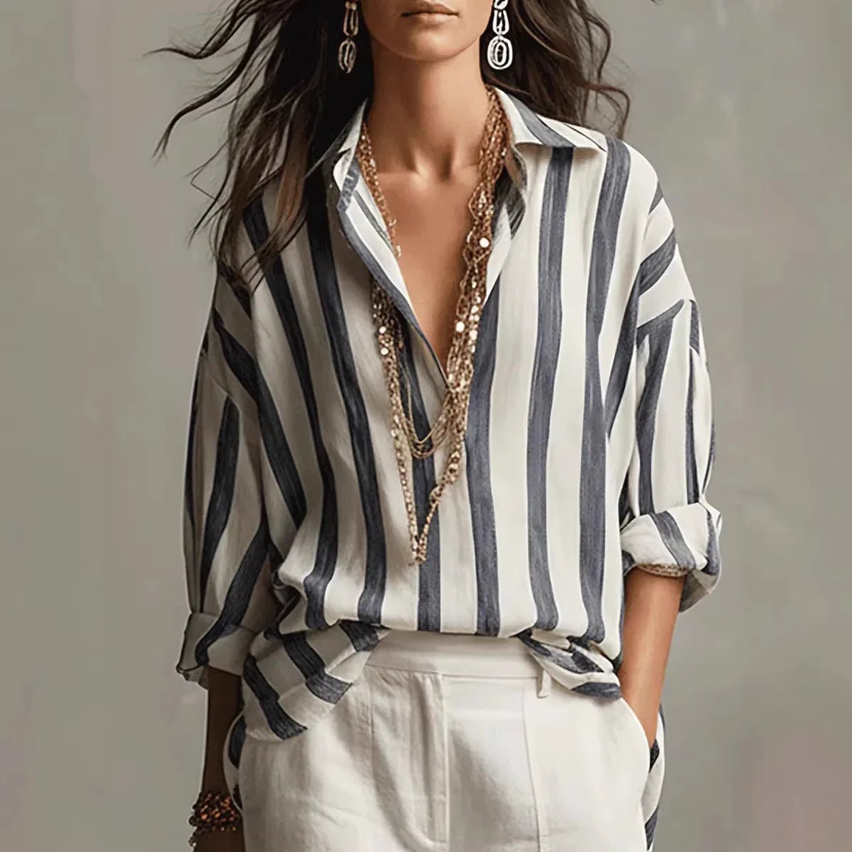 Women's Relaxed-Fit Vertical Striped Collared Linen Blouse - Black