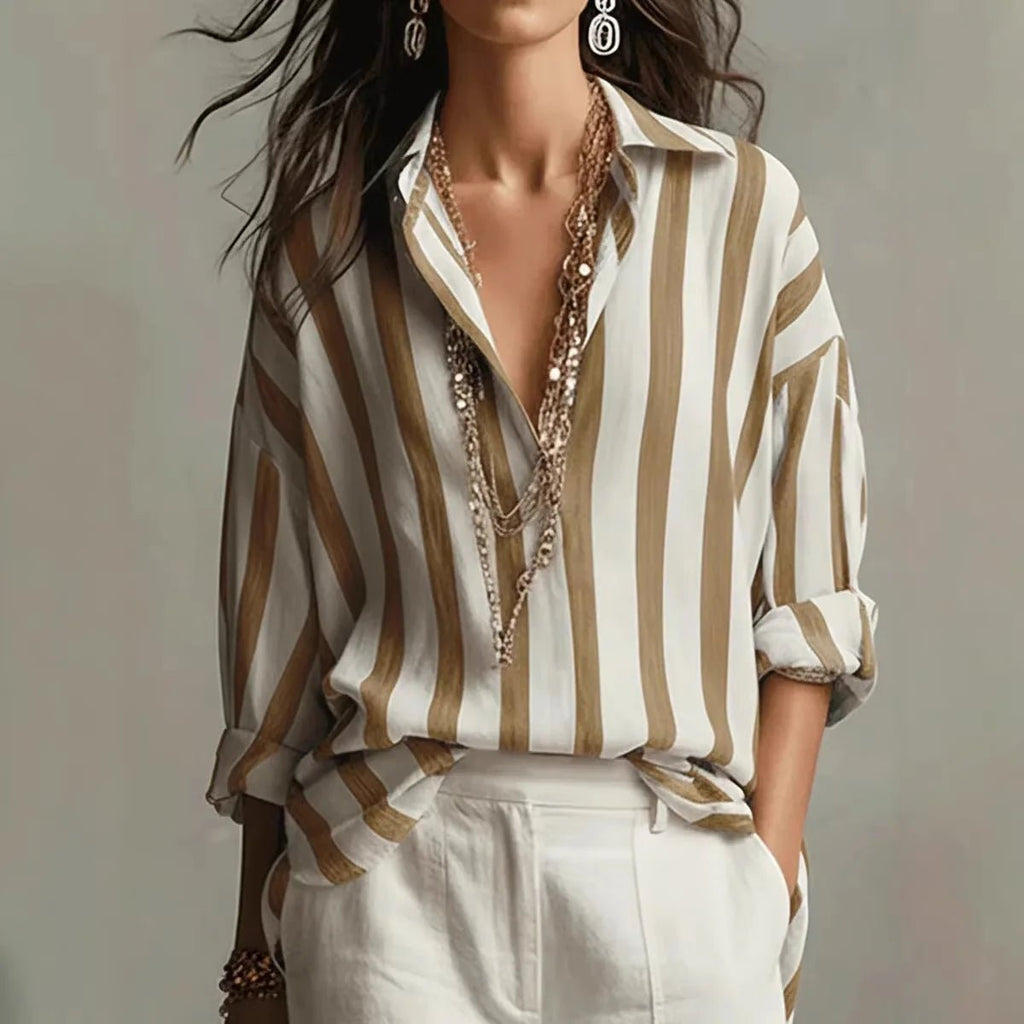 Women's Relaxed-Fit Vertical Striped Collared Linen Blouse - Brown