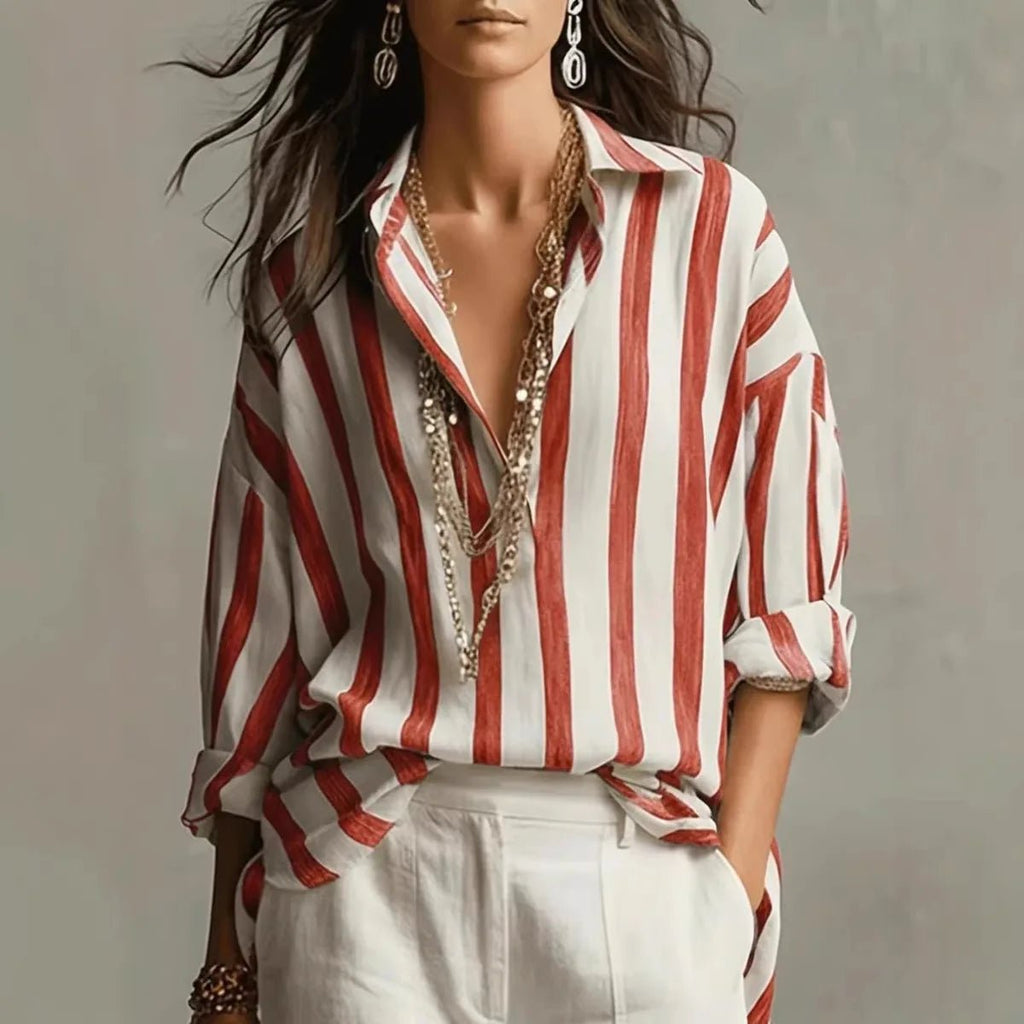 Women's Relaxed-Fit Vertical Striped Collared Linen Blouse - Red