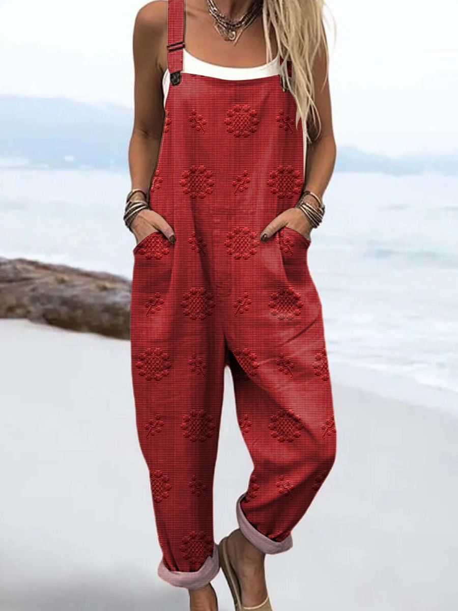 Women's Relaxed-Fit Wide-Leg Pattern Jumpsuit - Red