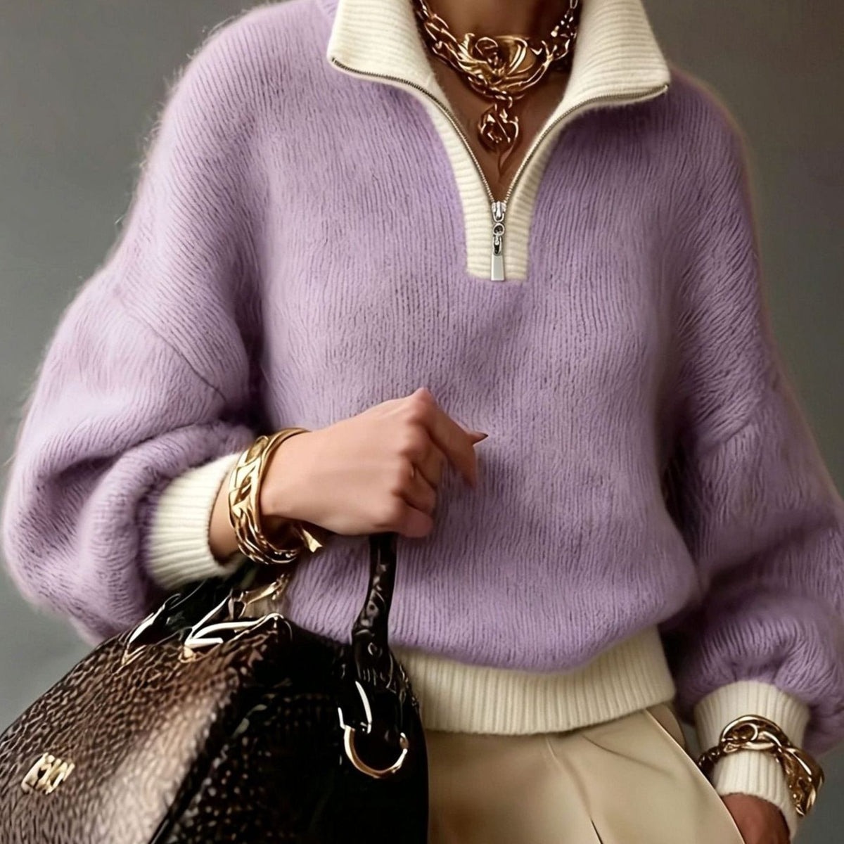 Women's Relaxed Half-Zip Knit Pullover Sweater - Lavender
