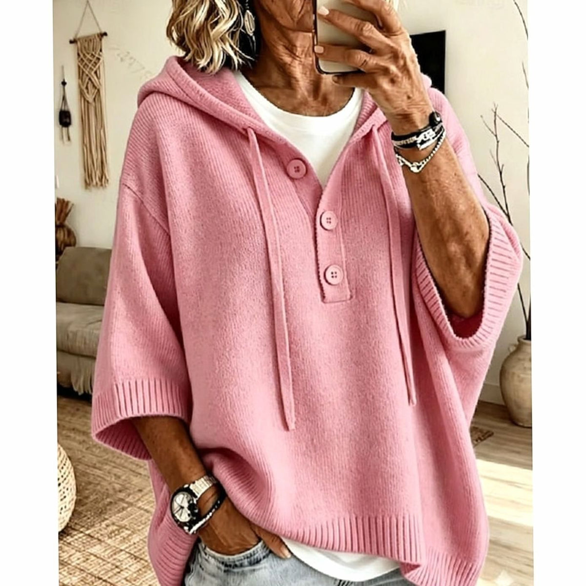 Women's Relaxed Hooded Button-Front Knit Sweater - Pink