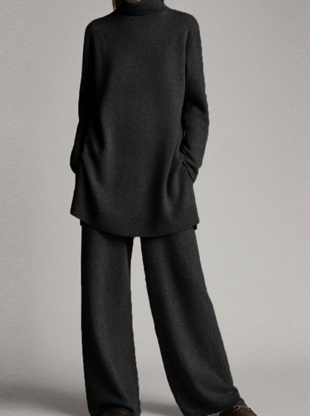 Women's Relaxed Knit Turtleneck Wide-Leg Lounge Set - Black