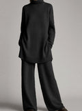 Women's Relaxed Knit Turtleneck Wide-Leg Lounge Set - Black