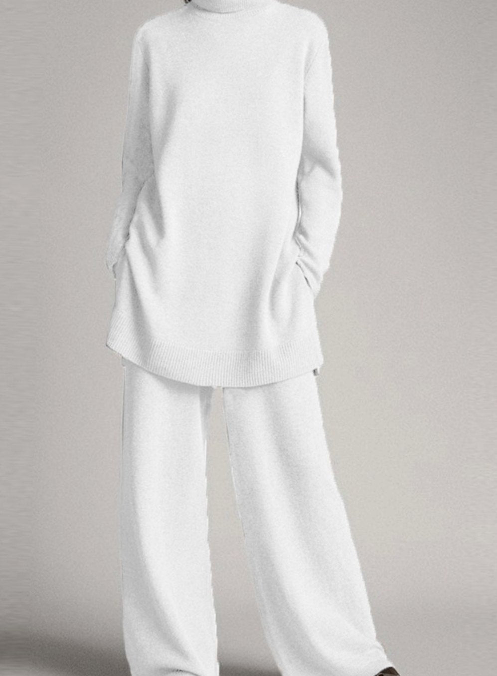 Women's Relaxed Knit Turtleneck Wide-Leg Lounge Set - White
