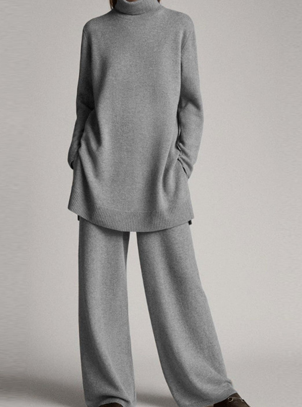 Women's Relaxed Knit Turtleneck Wide-Leg Lounge Set - Grey