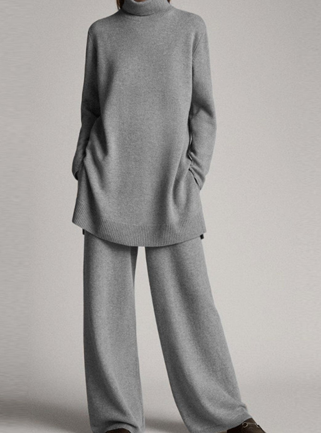 Women's Relaxed Knit Turtleneck Wide-Leg Lounge Set - Grey
