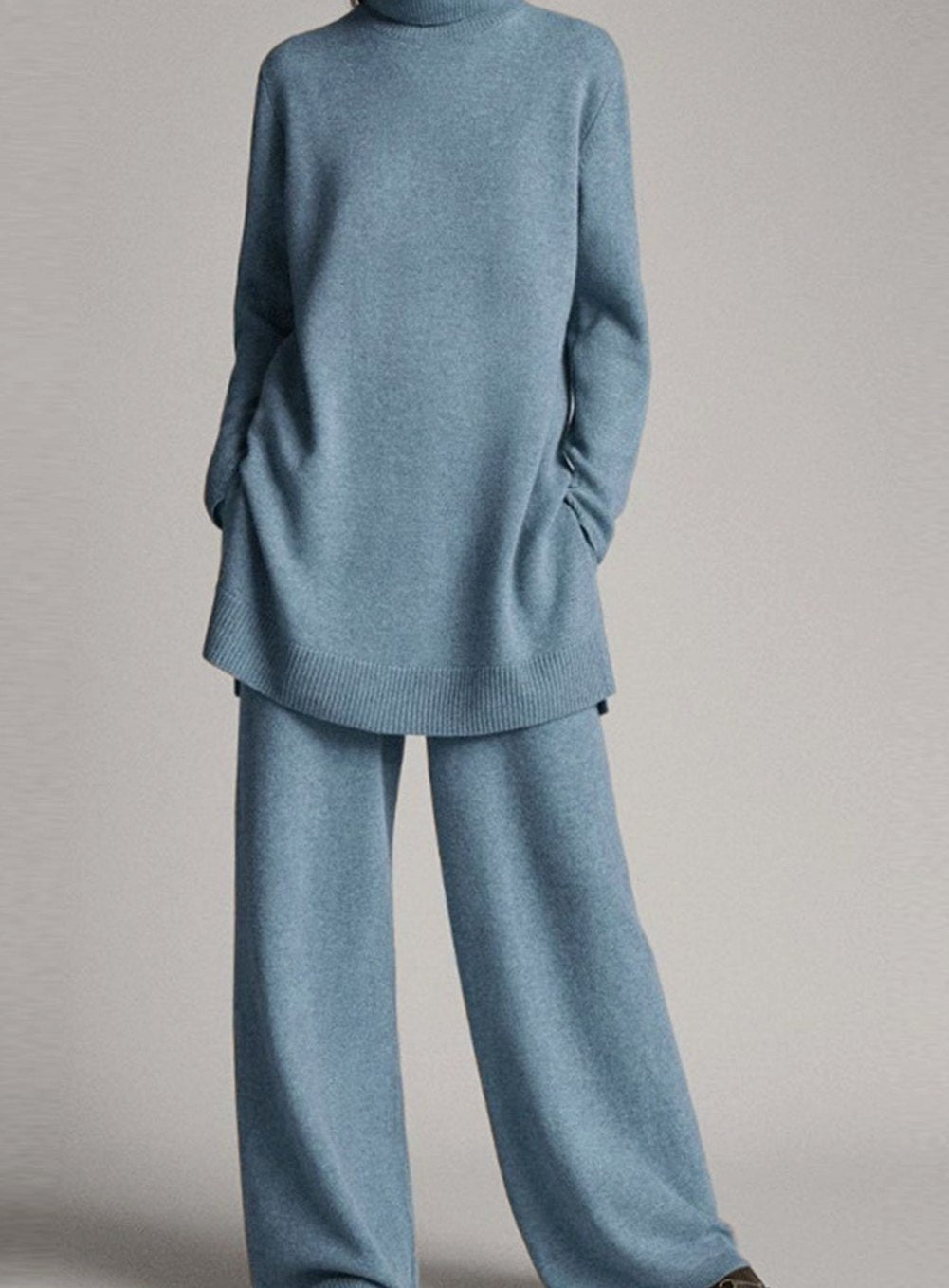 Women's Relaxed Knit Turtleneck Wide-Leg Lounge Set - Blue