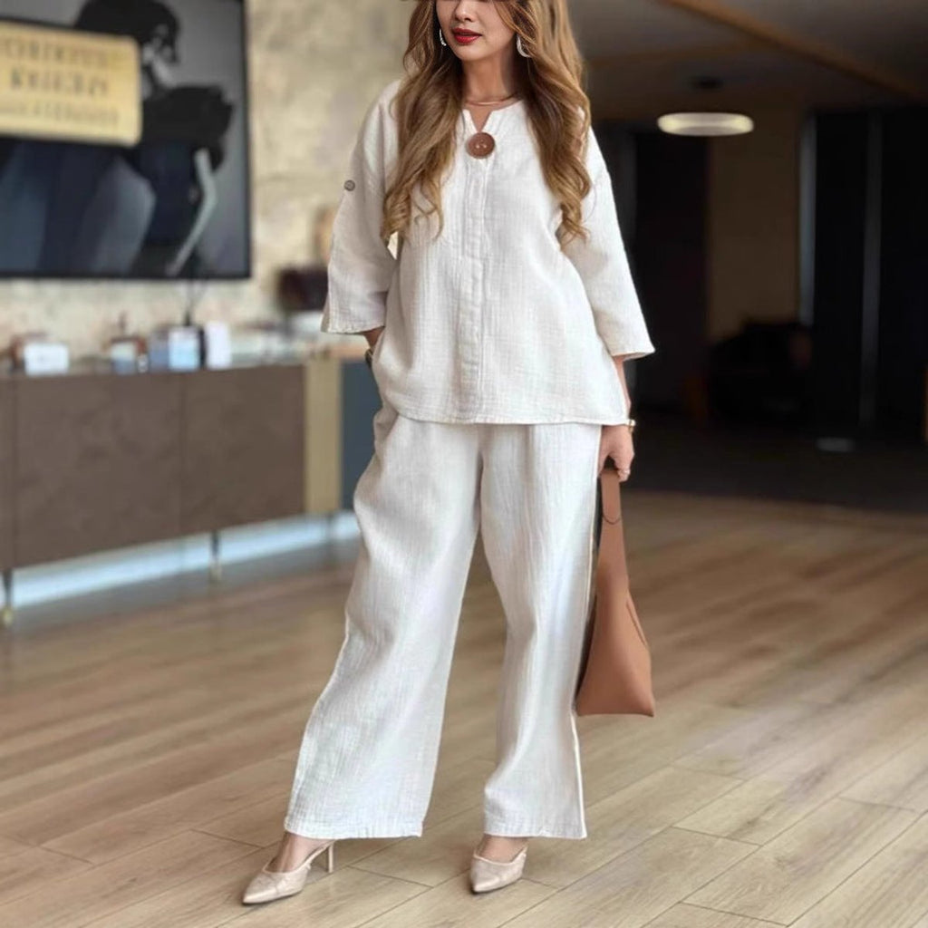 Women's Relaxed Linen-Blend 3/4 Sleeve Tunic Wide-Leg Pants Set