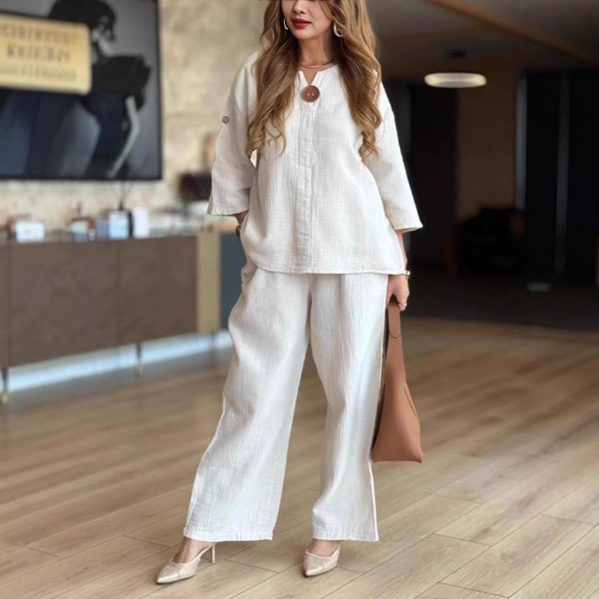 Women's Relaxed Linen-Blend 3/4 Sleeve Tunic Wide-Leg Pants Set