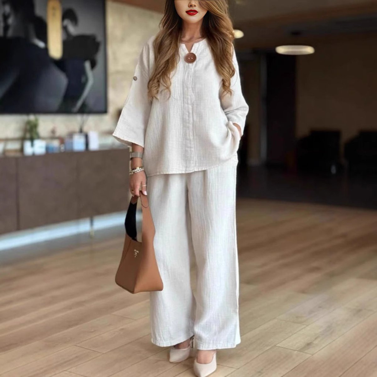 Women's Relaxed Linen-Blend 3/4 Sleeve Tunic Wide-Leg Pants Set