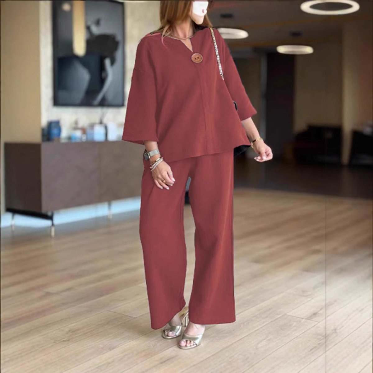 Women's Relaxed Linen-Blend 3/4 Sleeve Tunic Wide-Leg Pants Set - Bordeaux
