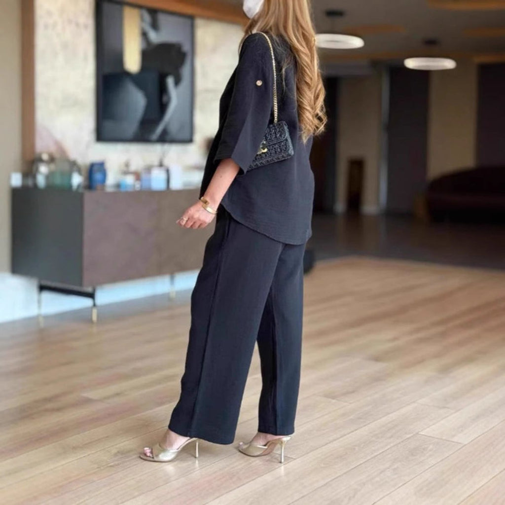 Women's Relaxed Linen-Blend 3/4 Sleeve Tunic Wide-Leg Pants Set