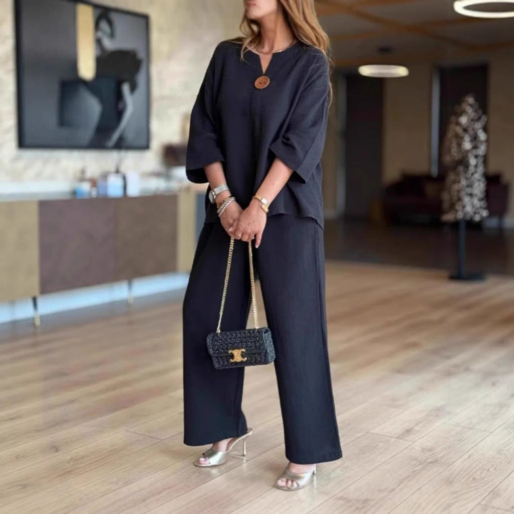Women's Relaxed Linen-Blend 3/4 Sleeve Tunic Wide-Leg Pants Set
