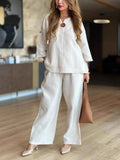 Women's Relaxed Linen-Blend 3/4 Sleeve Tunic Wide-Leg Pants Set - Weiß