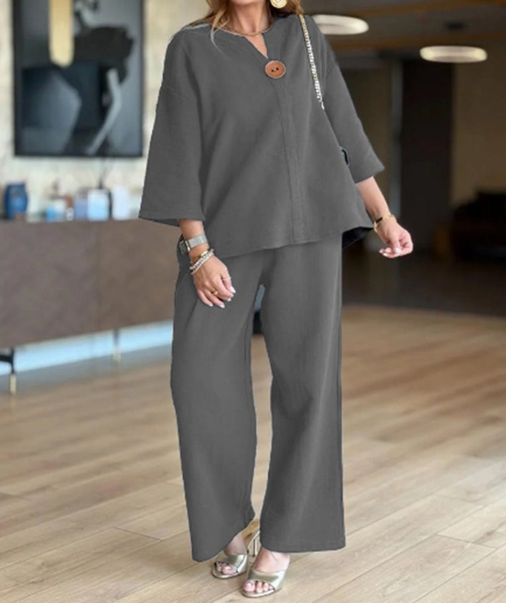 Women's Relaxed Linen-Blend 3/4 Sleeve Tunic Wide-Leg Pants Set - Grau