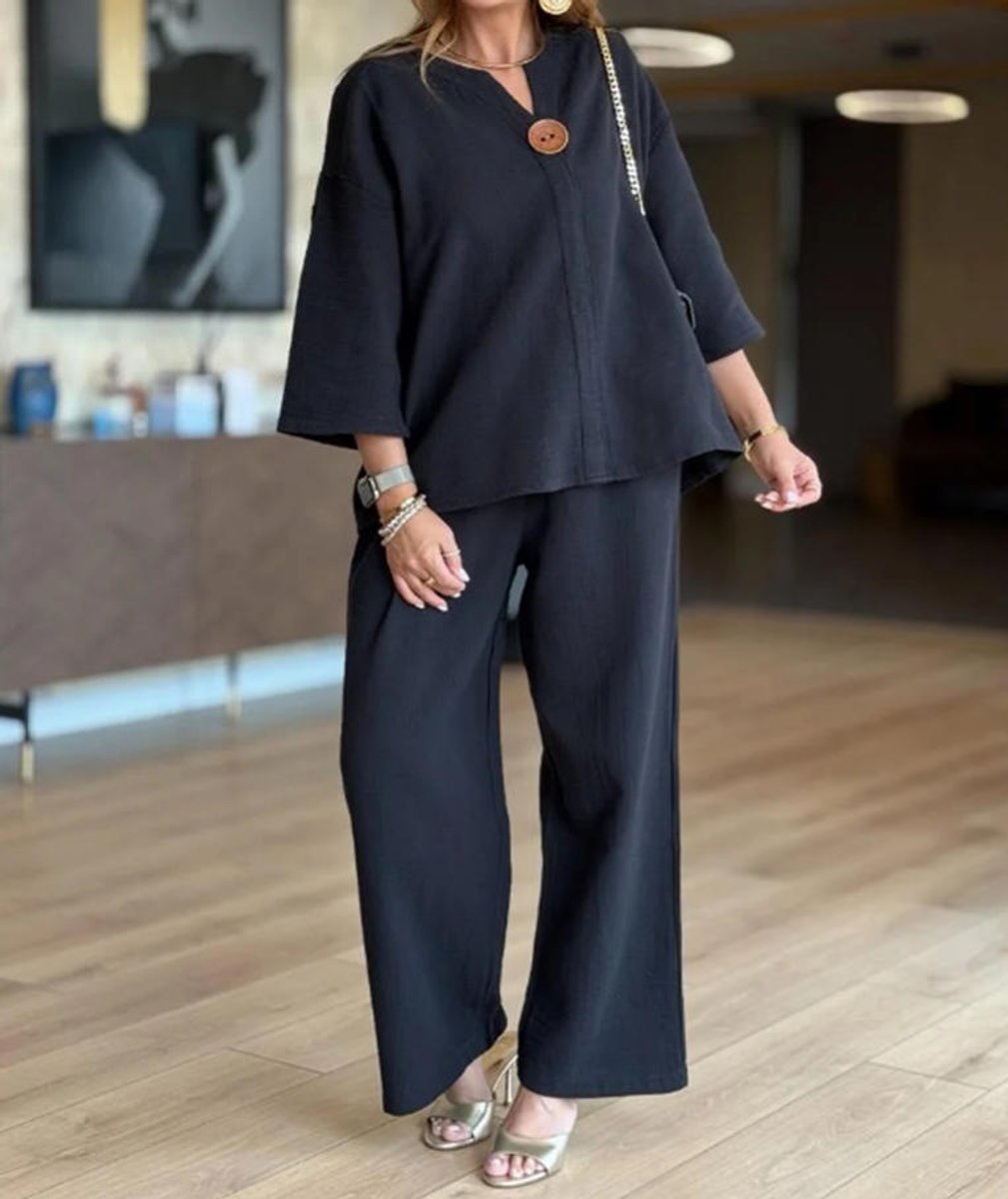 Women's Relaxed Linen-Blend 3/4 Sleeve Tunic Wide-Leg Pants Set - Schwarz