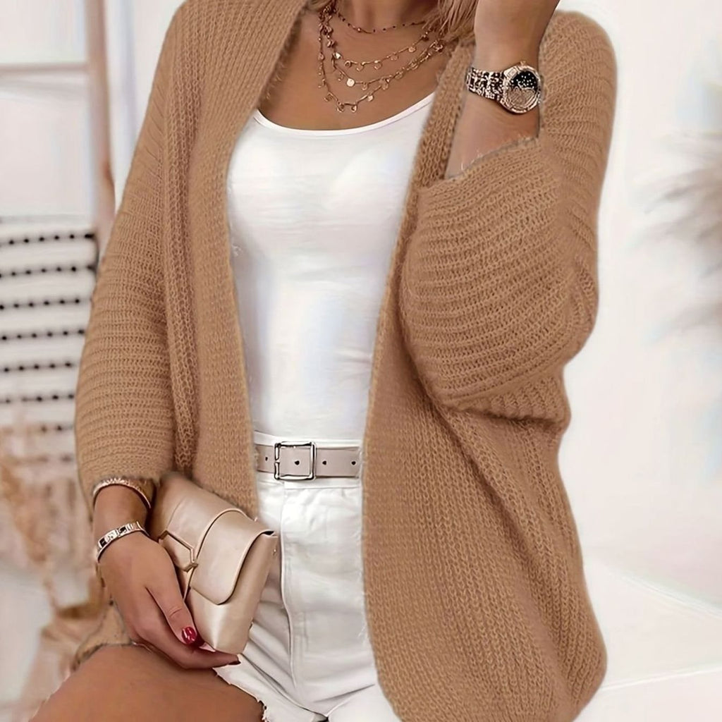 Women's Relaxed Open-Front Knit Cardigan, Lavender - Camel