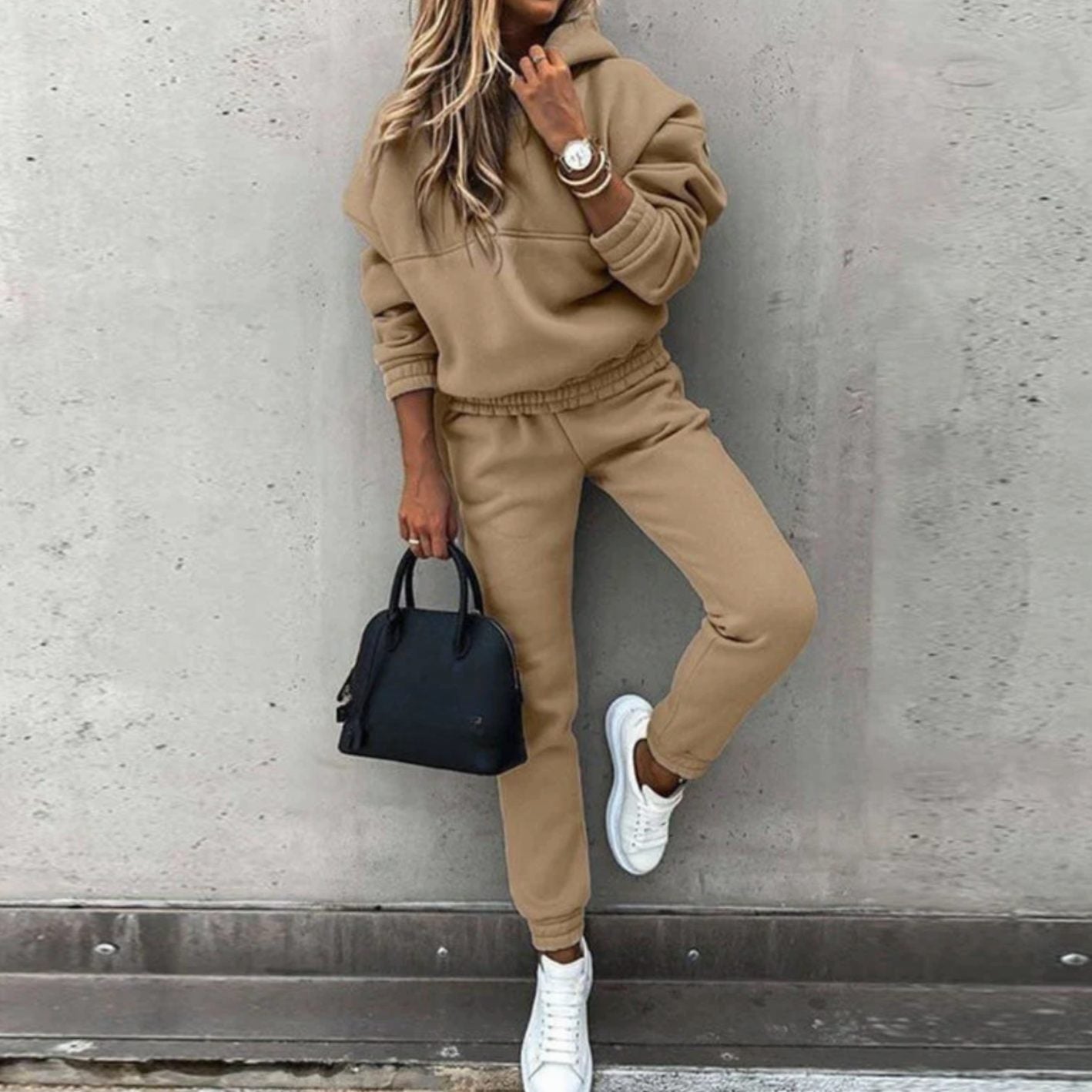Women's Relaxed Stretch Fit Hoodie Jogger Matching Set - Beige