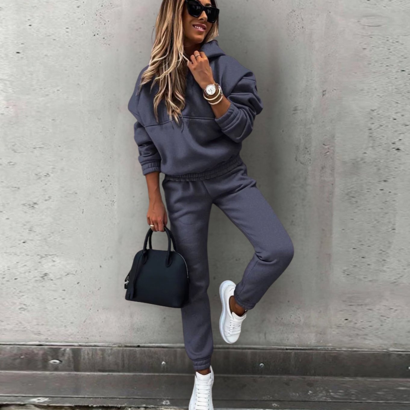 Women's Relaxed Stretch Fit Hoodie Jogger Matching Set - Dark Grey