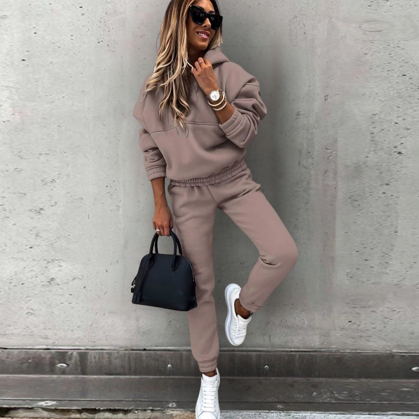 Women's Relaxed Stretch Fit Hoodie Jogger Matching Set - Brown