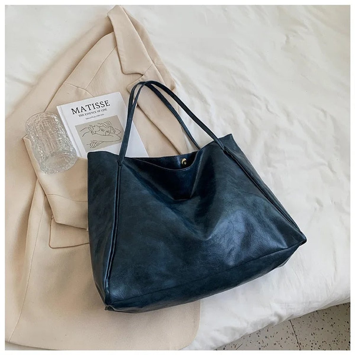Women's Retro PU Leather Oversized Shoulder Tote Bag - Blau