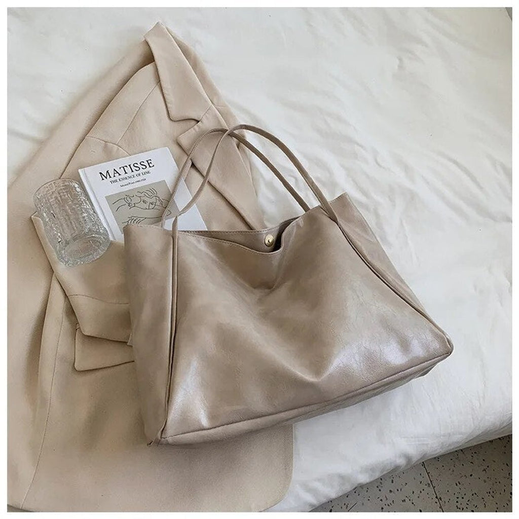 Women's Retro PU Leather Oversized Shoulder Tote Bag - Beige