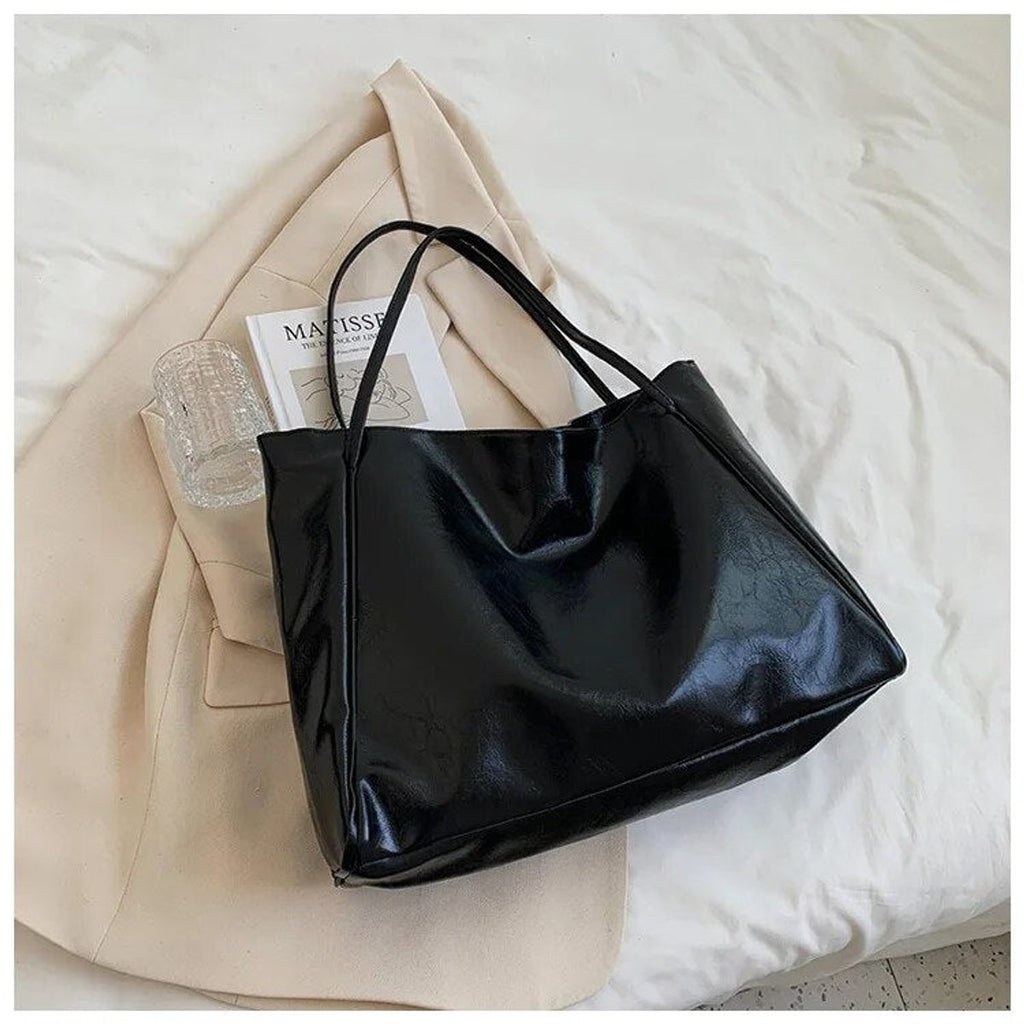Women's Retro PU Leather Oversized Shoulder Tote Bag - Schwarz