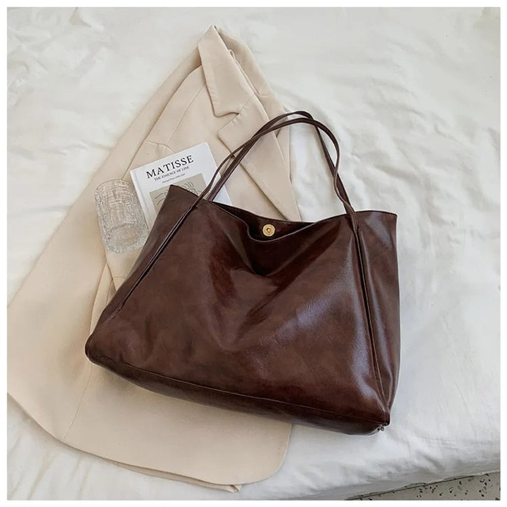 Women's Retro PU Leather Oversized Shoulder Tote Bag - Kaffee