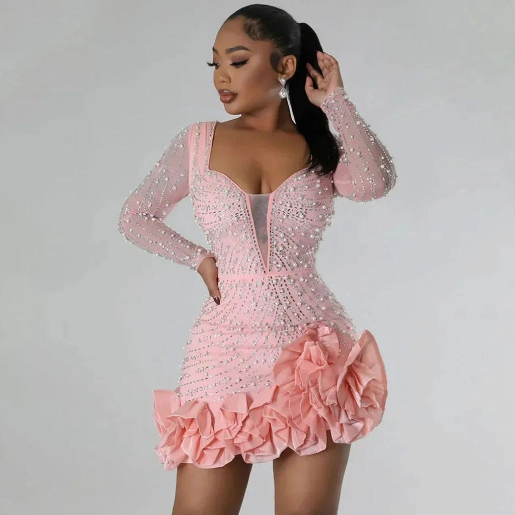 Women's Rhinestone Ruffle-Hem Long-Sleeve Mini Party Dress - Pink