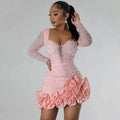 Women's Rhinestone Ruffle-Hem Long-Sleeve Mini Party Dress - Pink