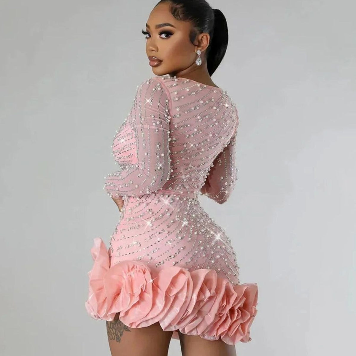 Women's Rhinestone Ruffle-Hem Long-Sleeve Mini Party Dress