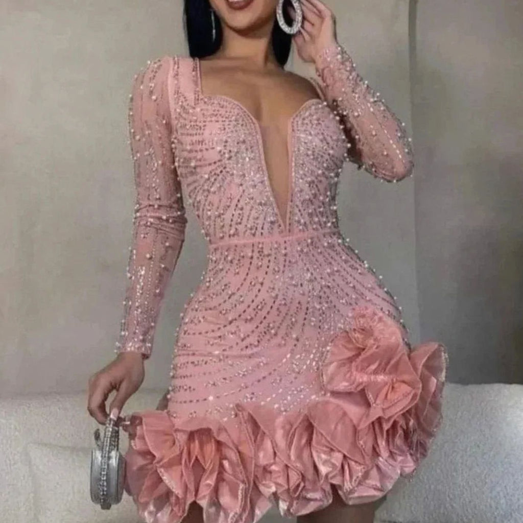 Women's Rhinestone Ruffle-Hem Long-Sleeve Mini Party Dress