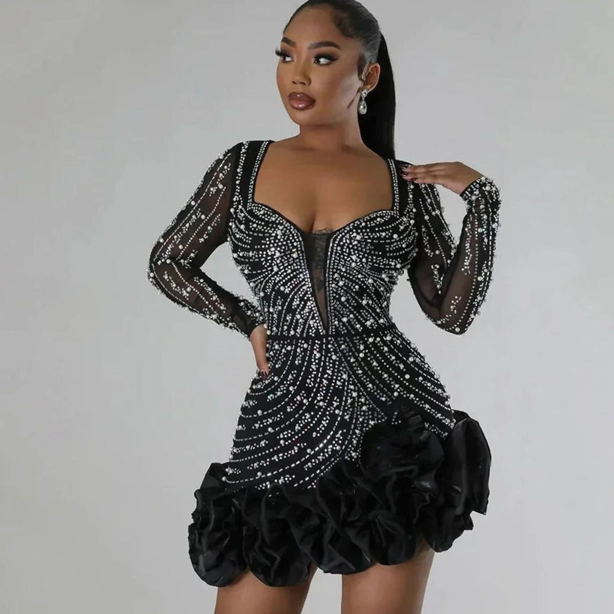 Women's Rhinestone Ruffle-Hem Long-Sleeve Mini Party Dress - Black
