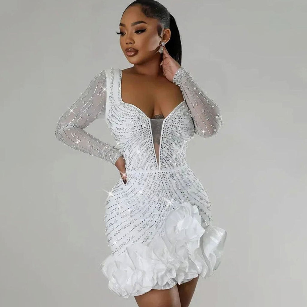 Women's Rhinestone Ruffle-Hem Long-Sleeve Mini Party Dress - White