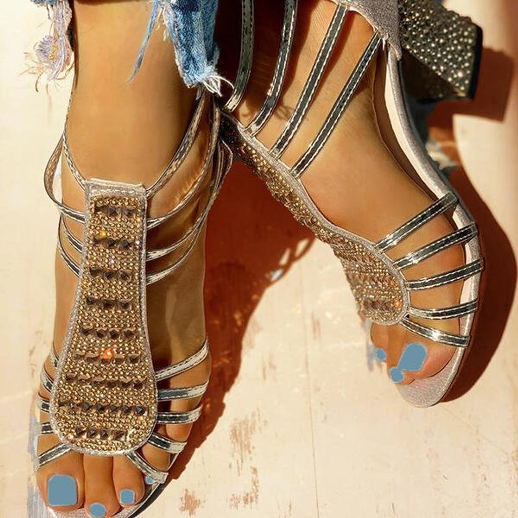 Women's Rhinestone Strappy Block Heel Comfortable Sandals
