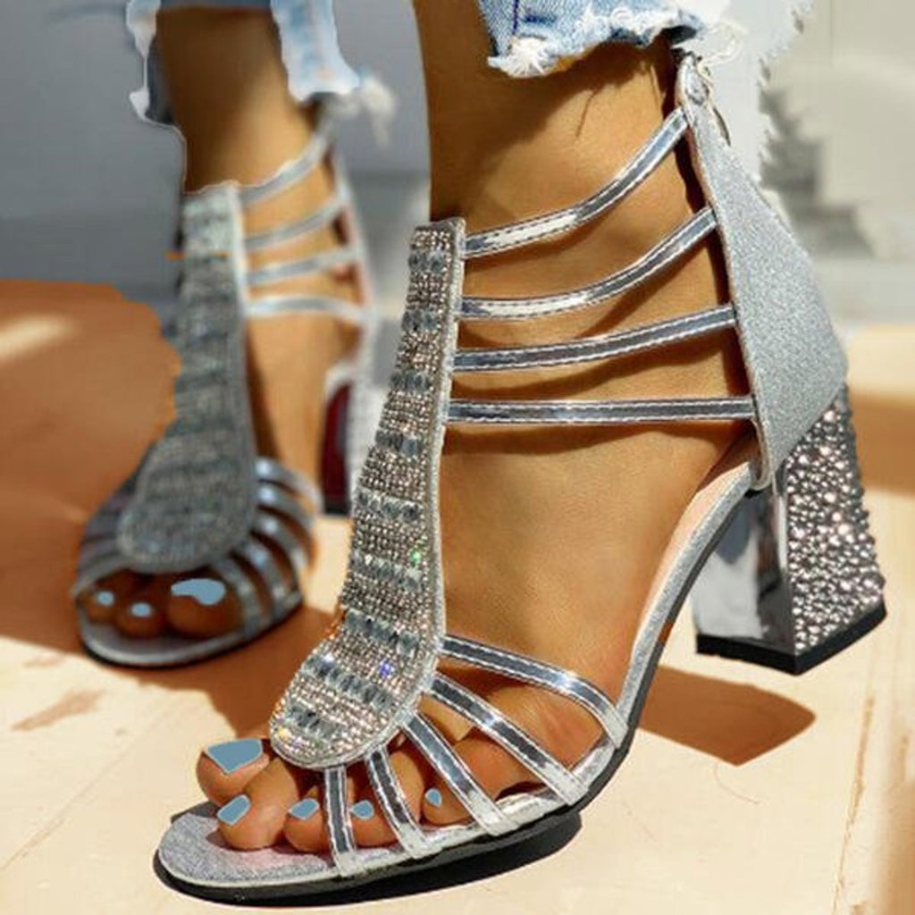 Women's Rhinestone Strappy Block Heel Comfortable Sandals - Silver