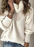 Women's Ribbed Cowl Neck Sweater Button-Cuff Knit Pullover - White