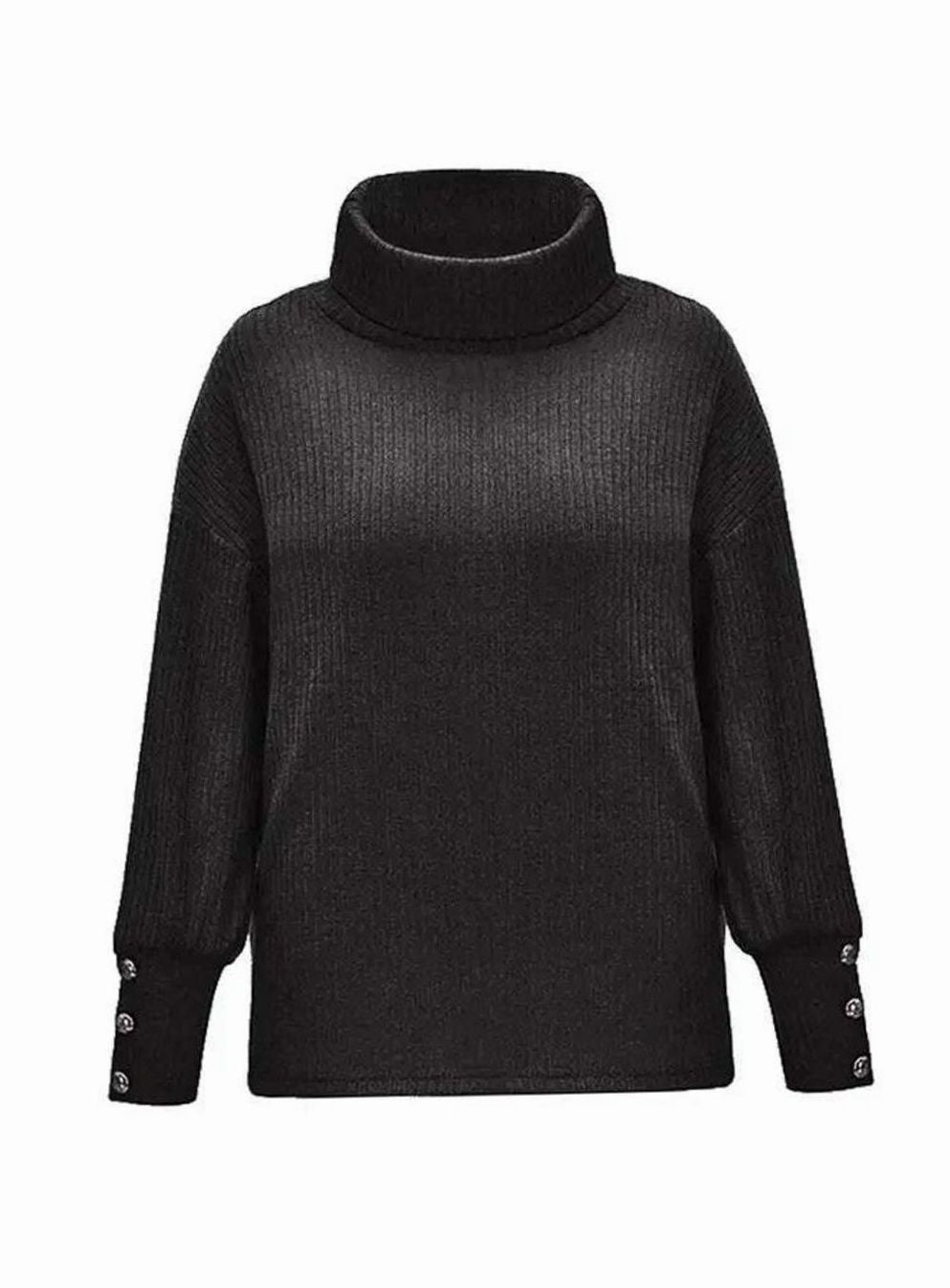 Women's Ribbed Cowl Neck Sweater Button-Cuff Knit Pullover