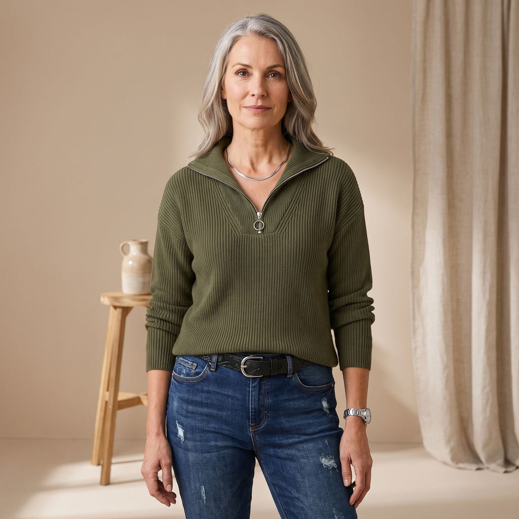Women's Ribbed Half-Zip Pullover Sweater Long Sleeve - Green